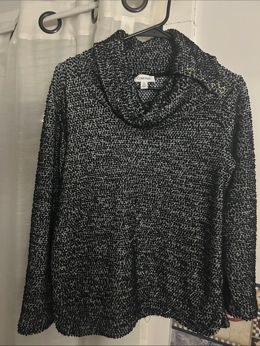 Calvin Klein Black and White Marled Cowl Neck Sweater with Shoulder Buttons